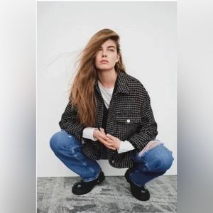ZARA Tweed Textured Woven Plaid Collared Frayed Overshirt Shacket Black Small